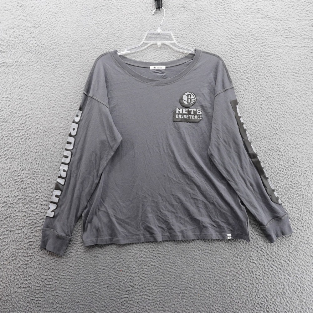 47 Brand Brooklyn Nets Long Sleeve T Shirt Medium Gray Cotton NBA Basketball NWT